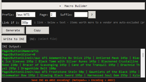 Macro builder showing generated INI output